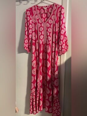 Monsoon Pink White Floral Boho Midi Dress V Neck Flowy